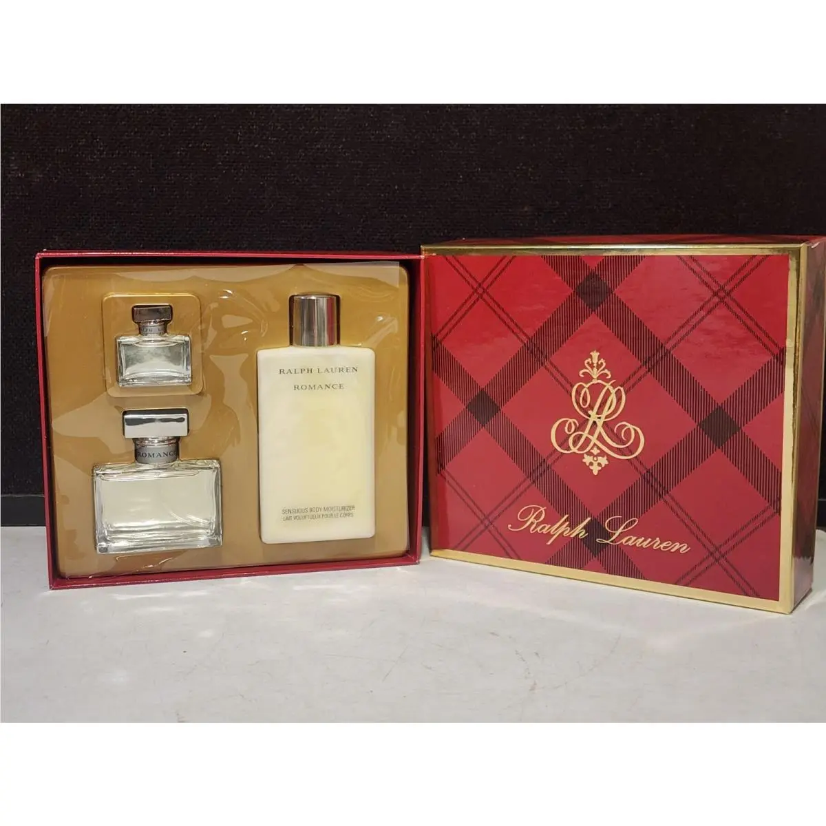 1998 Ralph Lauren Romance Eau De Parfum Gift Set 3 Pieces Lotion Plaid Box