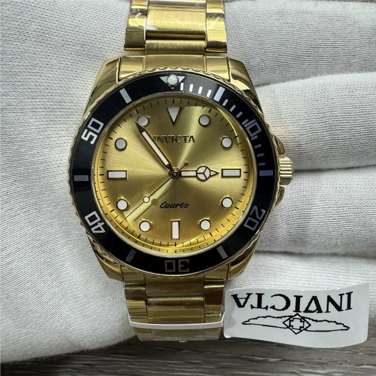 Invicta Diver Watch Men 42mm Gold Black Stainless Steel Gold Dial Quartz