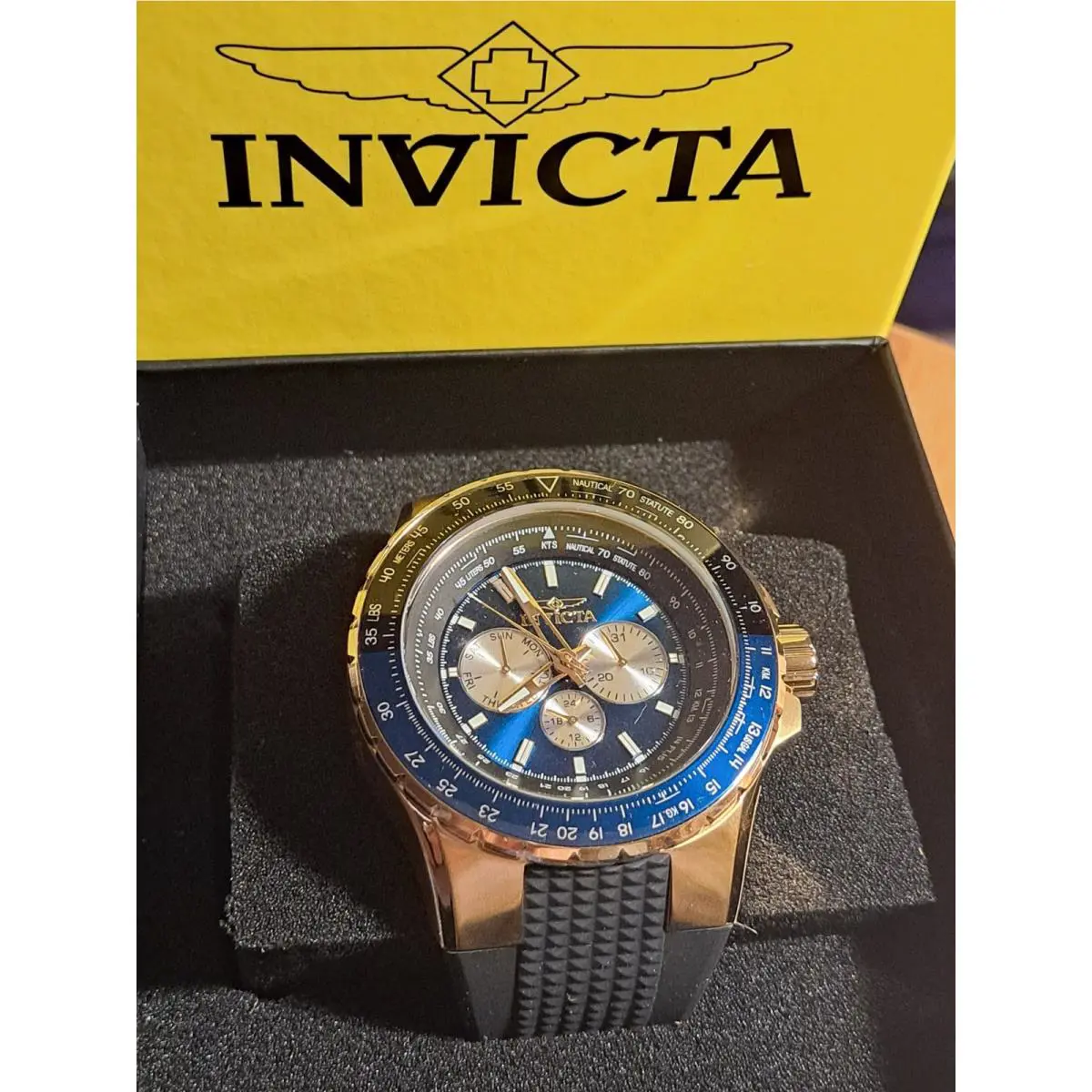 Invicta Aviator Skyshock Men`s Watch 50mm Blue Black Gold Steel