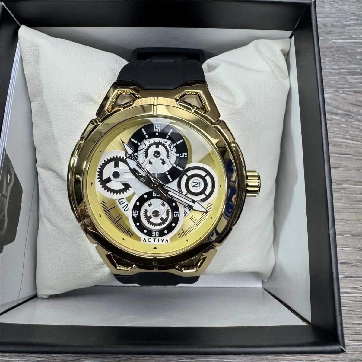 Activa Invicta Watch Men 44mm Gold Black Dial Quartz Sport Silicon Band