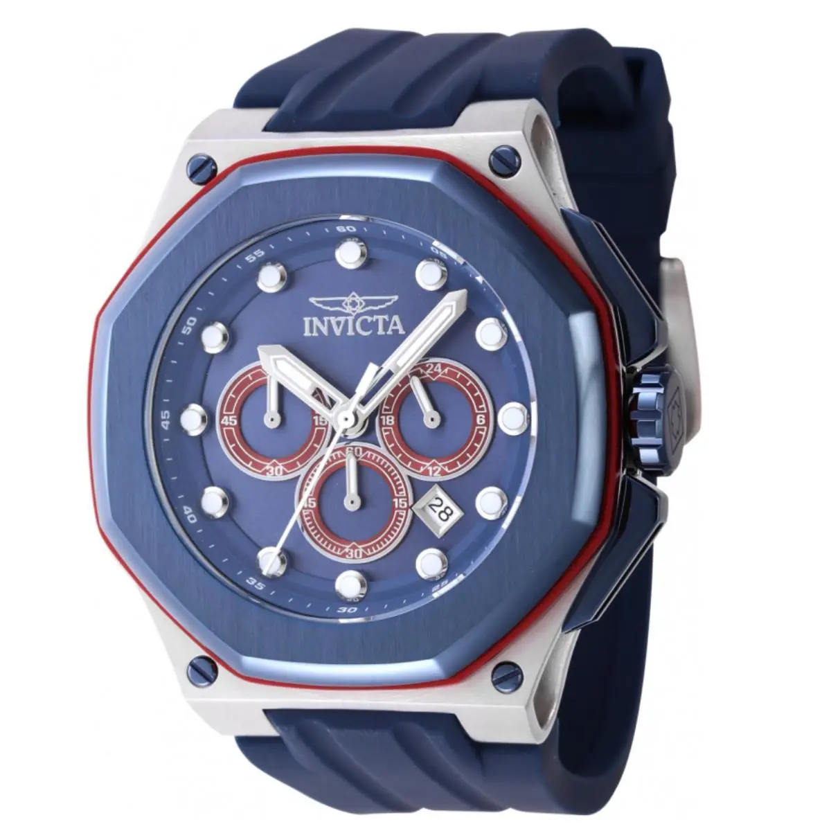 Invicta Akula Men`s 50mm Deep Sea Blue Silicone Chronograph Watch 46148 - Dial: Blue, Red, White, Band: Blue, Bezel: Blue, Red
