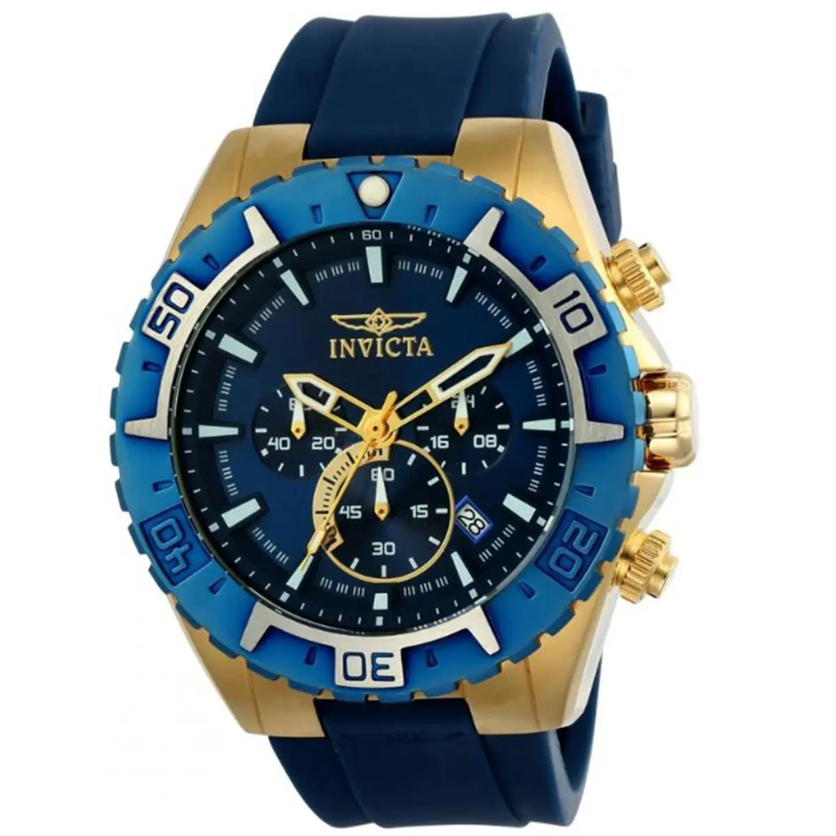 Invicta Men`s Aviator 49mm Gold Tone Stainless Steel and Silicone Chronograph Qu - Dial: Blue, Band: Blue, Bezel: Silver, Gold, White, Blue