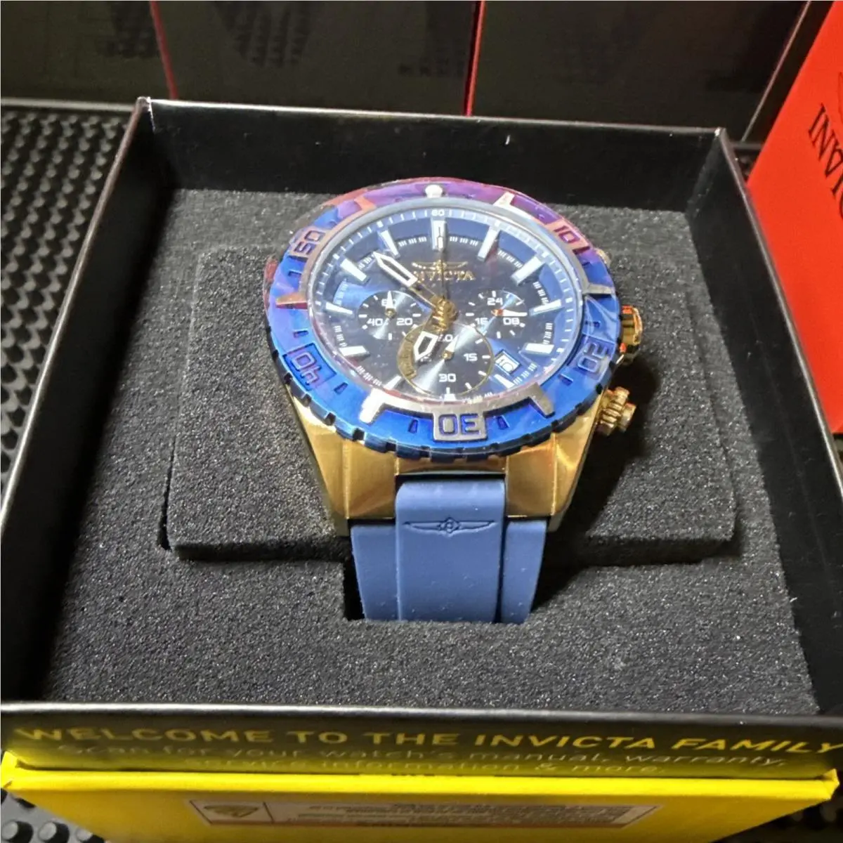 Invicta Aviator Propel Blue Silicone Band Gold Steel Case Chrono Watch 22525