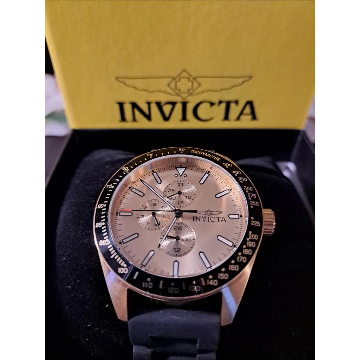Invicta Aviator Men`s Quartz Watch 38405 45mm Gold Steel Silicone Black Band