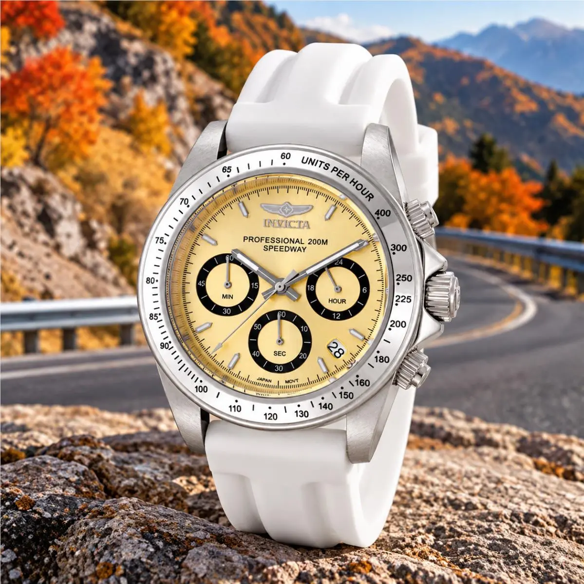 Invicta Speedway Men`s 39.5mm Chronograph Gold Dial White Silicone Strap 50487