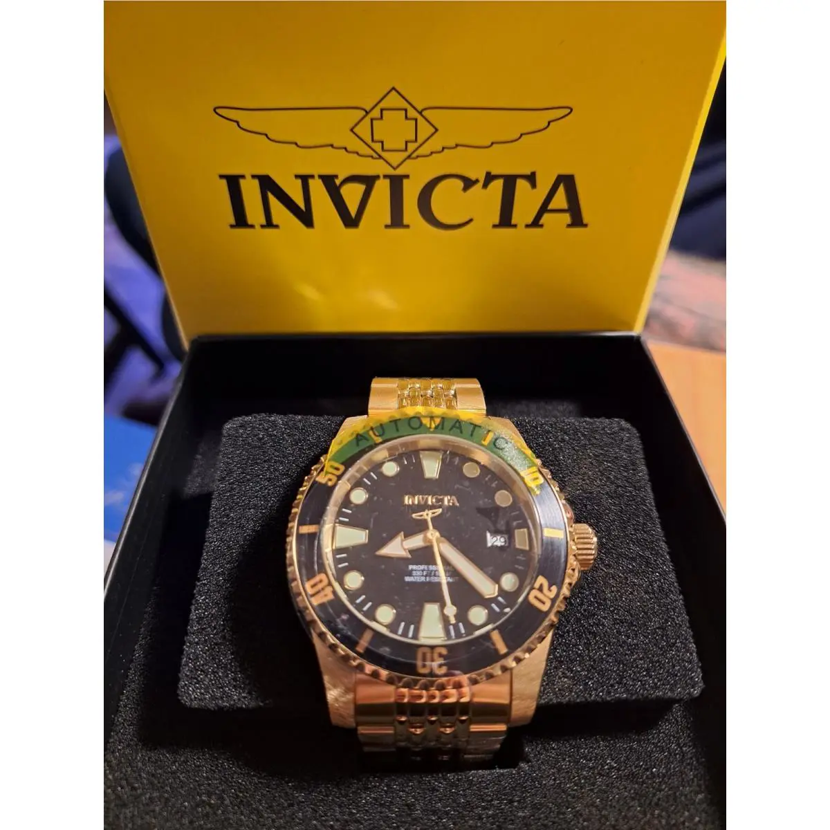 Invicta Pro Diver Automatic Men`s Watch 40mm Gold Steel Band Black Case