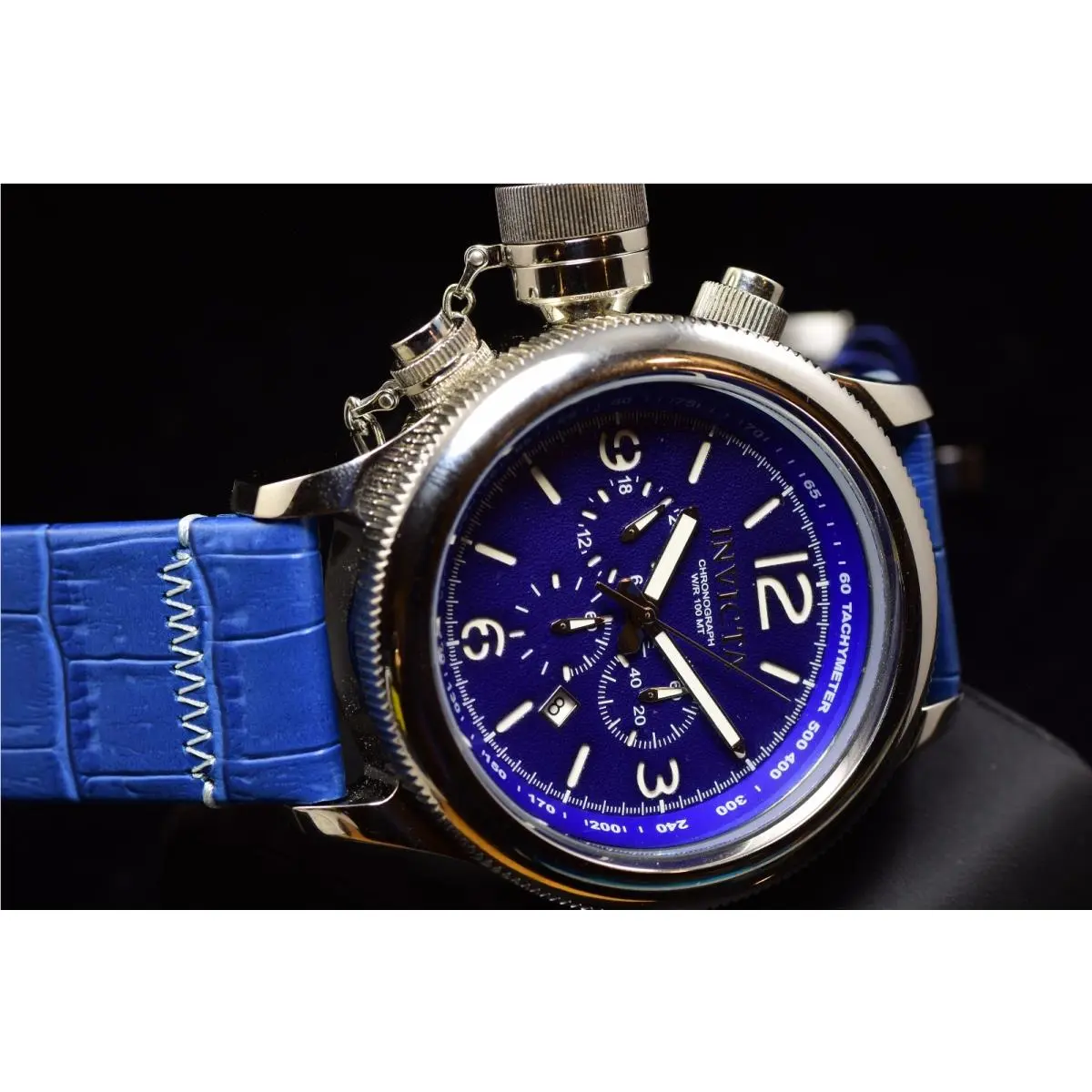 Invicta Men`s Russian Diver 54mm Chronograph Blue Tone Leather Watch