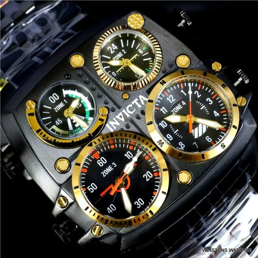 Invicta Aviator Zulu Black Stainless Steel Bracelet Quad Time 50mm Watch