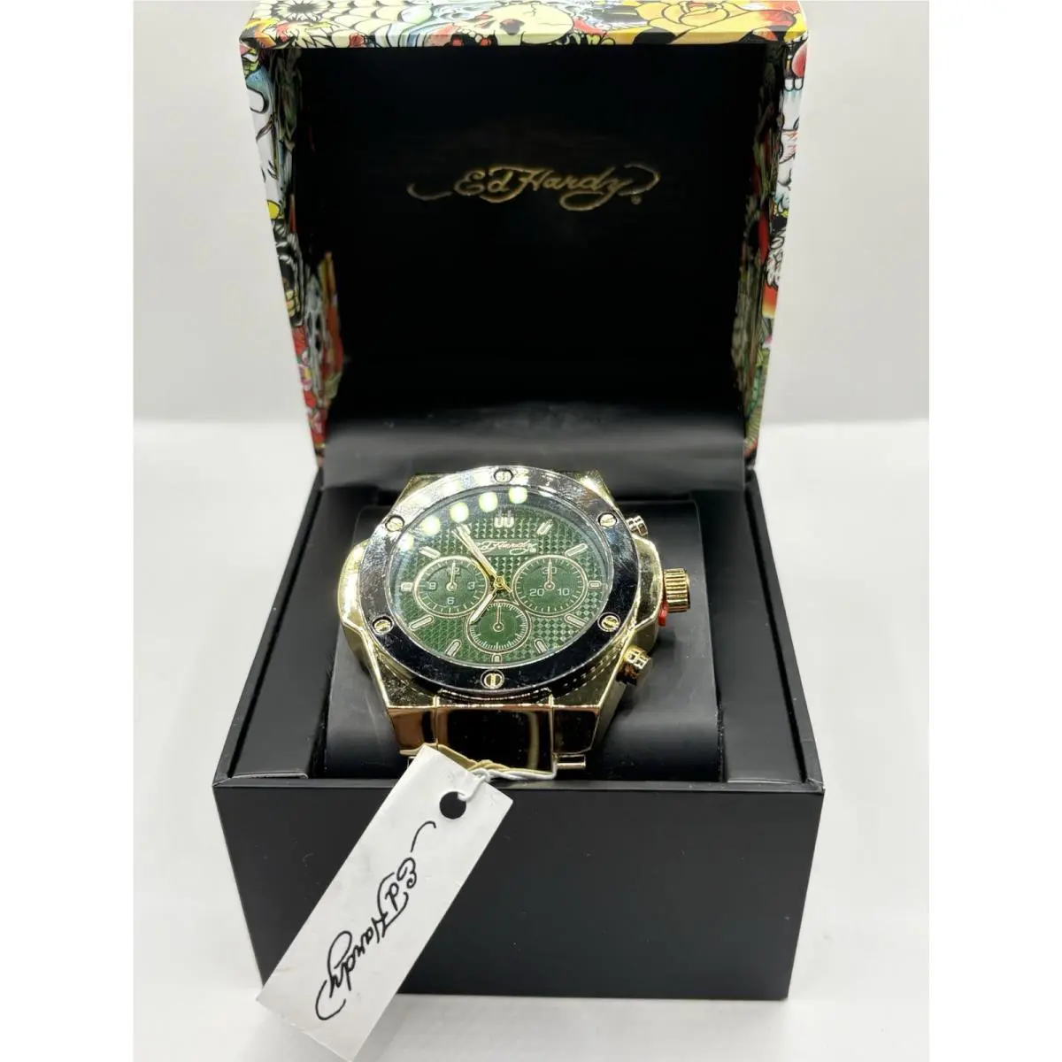 Men’s 52mm Gold-tone Chronograph Watch Green Dial Running w/ Box by Ed Hardy