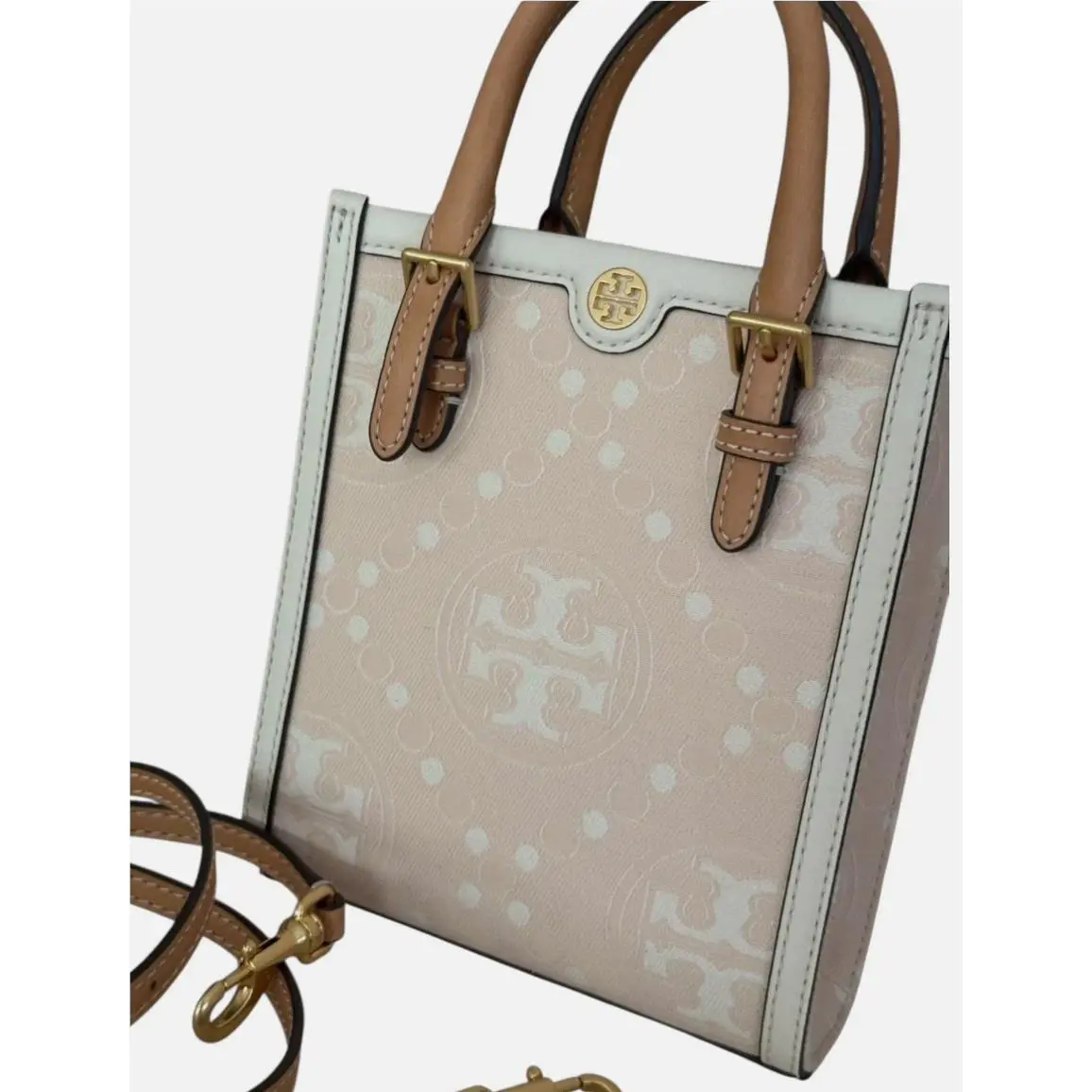 Tory Burch Mini T Monogram Tote w Leather Trim Crossbody Pale Pink