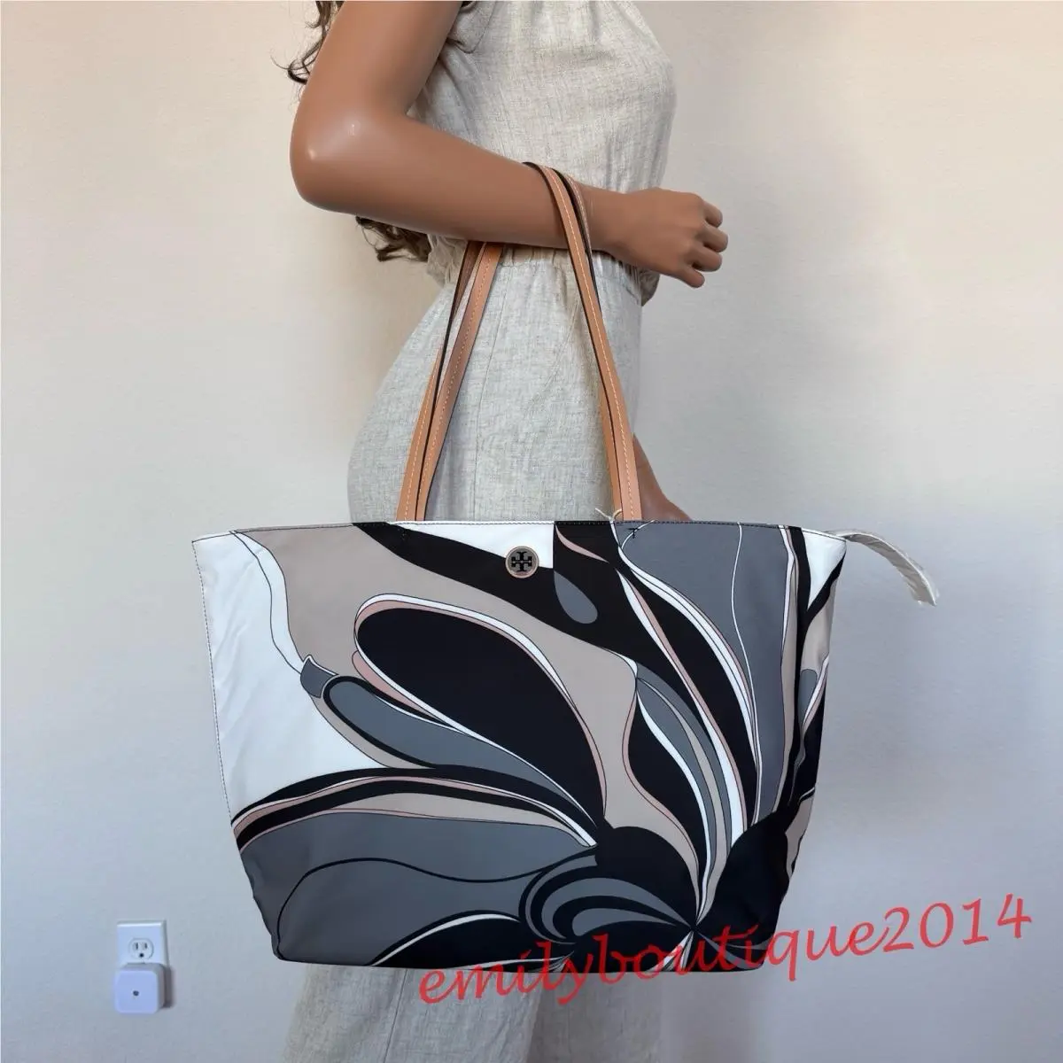 Tory Burch 170266 Ella Nylon Printed Tote Zip Bag Twisty Flower Black Multi