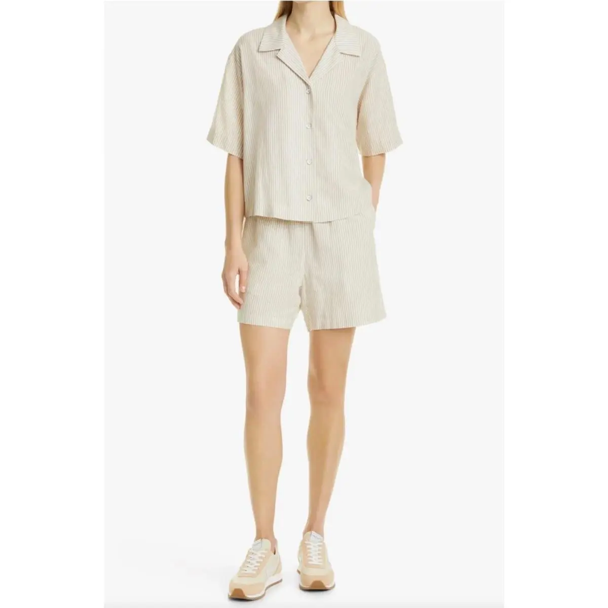 Rag Bone Linen Blend Stripe Button-up Shirt Short Sleeve Beige Size Medium