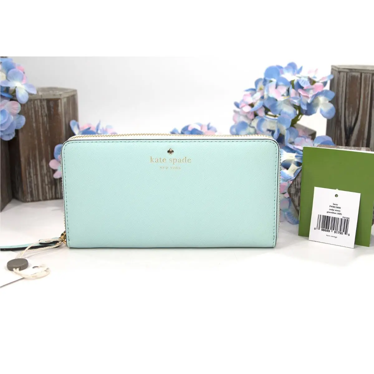 Kate Spade Grace Blue Leather Cedar Street Zip Around Lacey Wallet