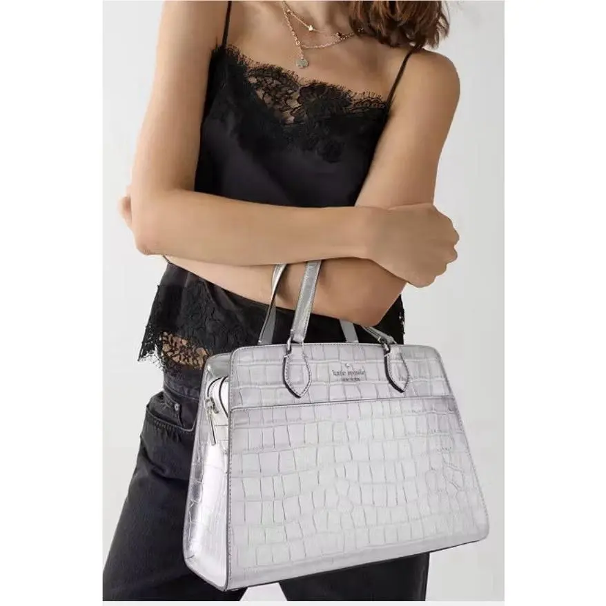 3 Piece Kate Spade Madison Croc Embossed Metallic Silver Handbag Wallet