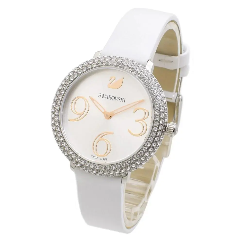 Swarovski 548407 Crystal Frost Silver Dial White Leather Strap Watch