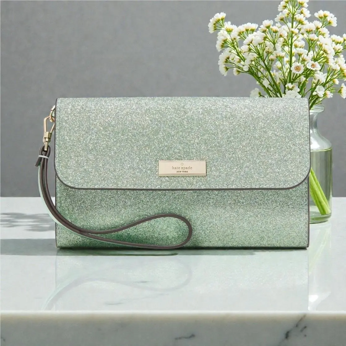 Kate Spade Kenzie Boxed Glitter Medium Flap Wristlet in Seawater Green KK322
