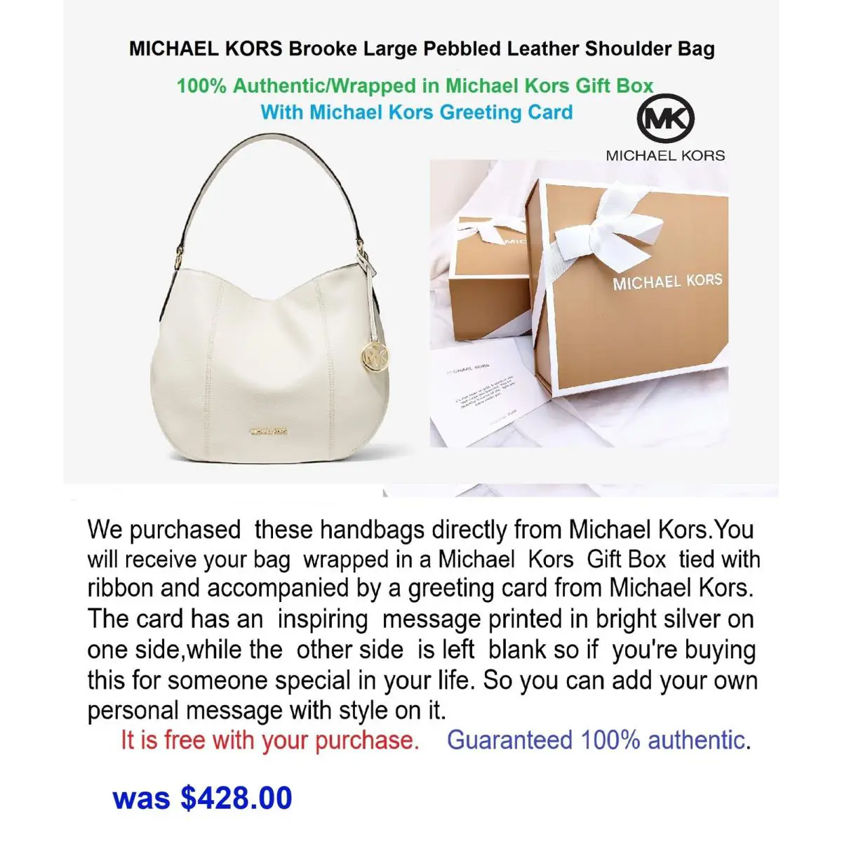 Michael Kors Brooke Large Pebbled Leather Shoulder Bag In MK Gift Box