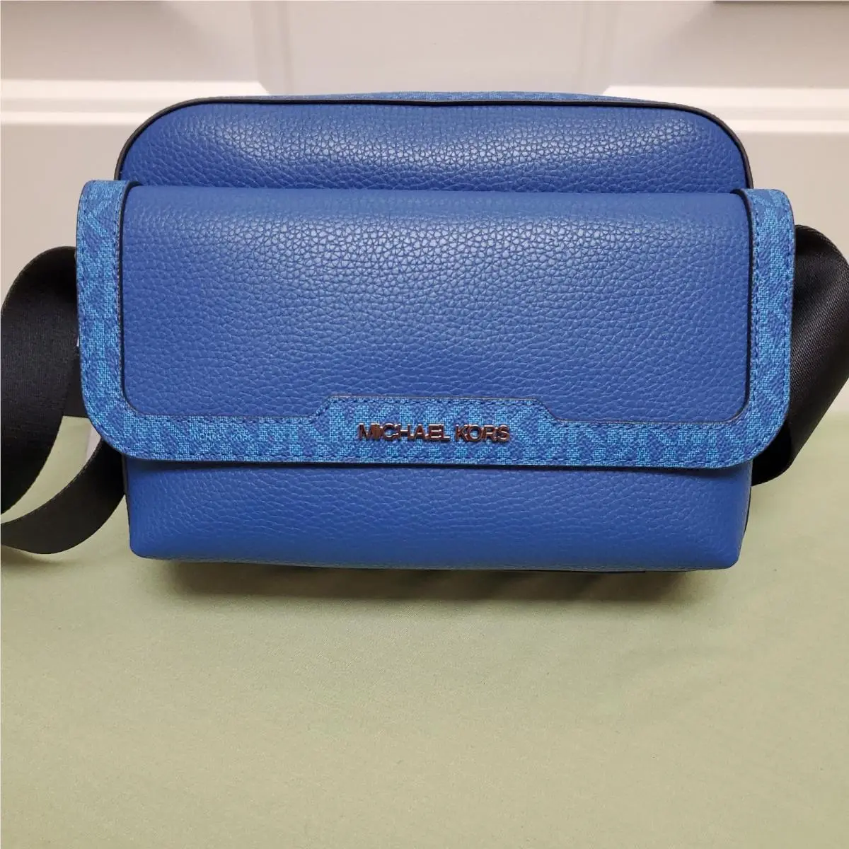 Michael Kors Cooper Medium Leather Logo Flap Camera Crossbody Bag Galaxy Blue