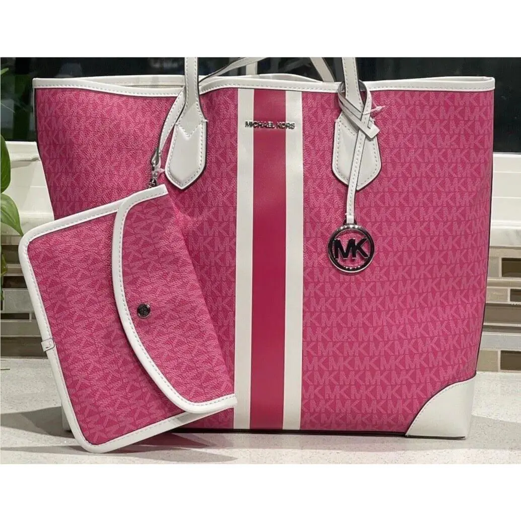 Michael Kors Eva Large Tote Shoulder Bag Pouch Dragonfruit Pink Logo Stripe