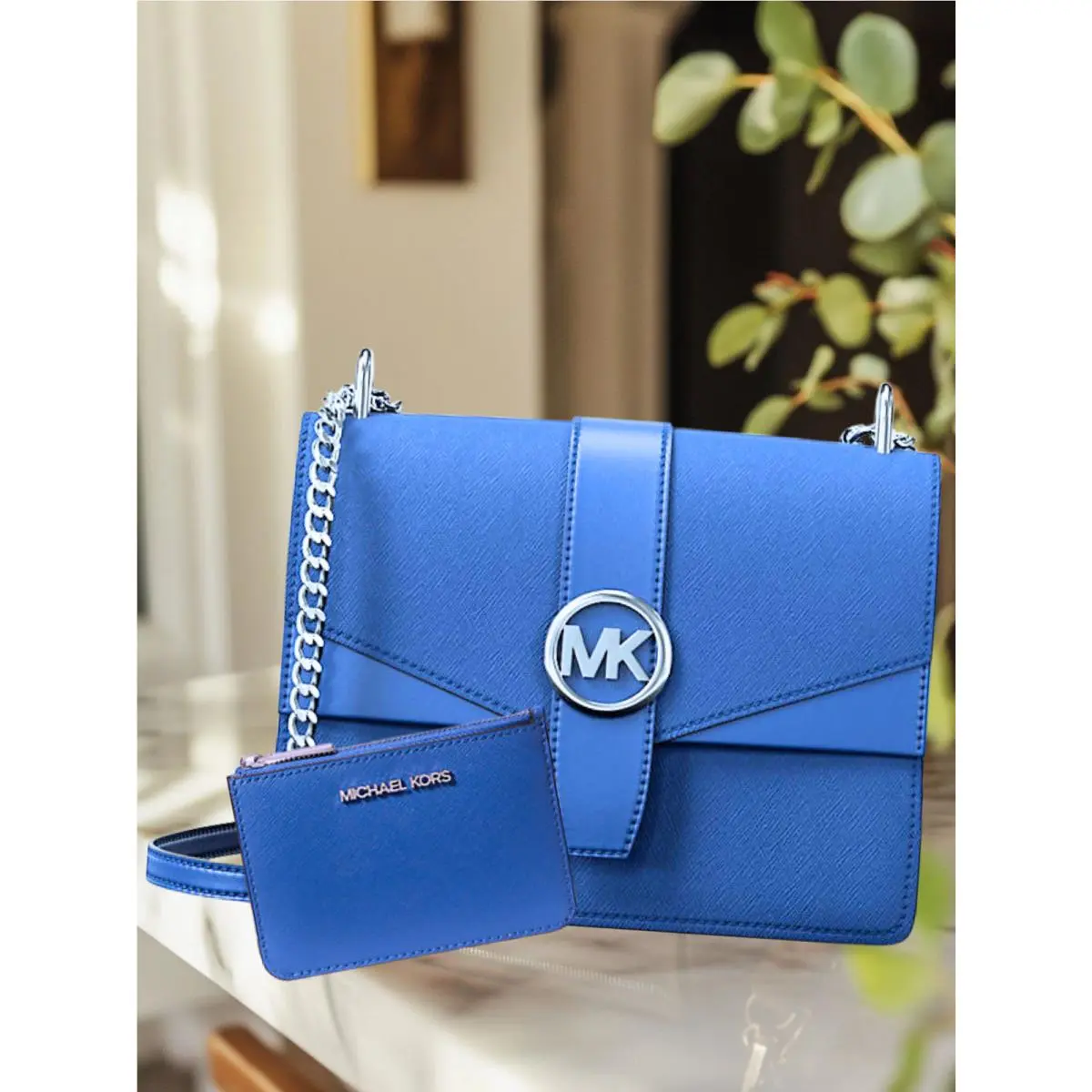Michael Kors Greenwich Small Leather Crossbody Bag + Coin Pouch Set Galaxy Blue