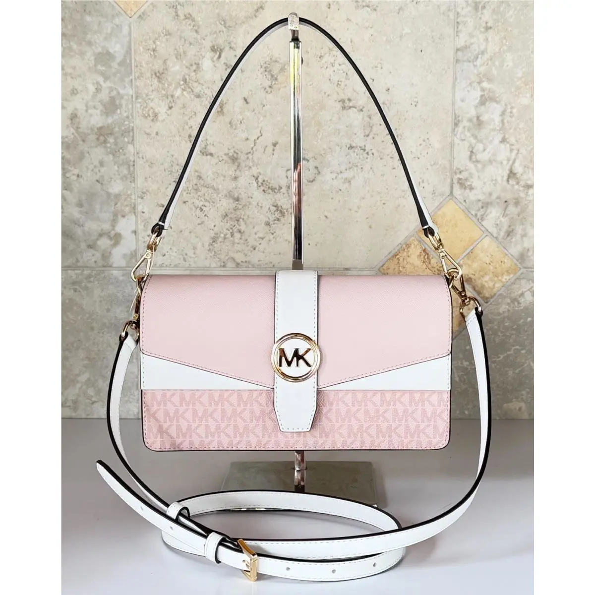 Michael Kors Greenwich Medium Flap Shoulder Crossbody Bag MK Pink Multi