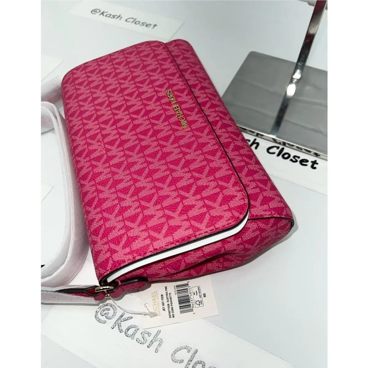 Michael Kors Crossbody Bag Medium Logo Convertible Clutch Purse Electric Pink