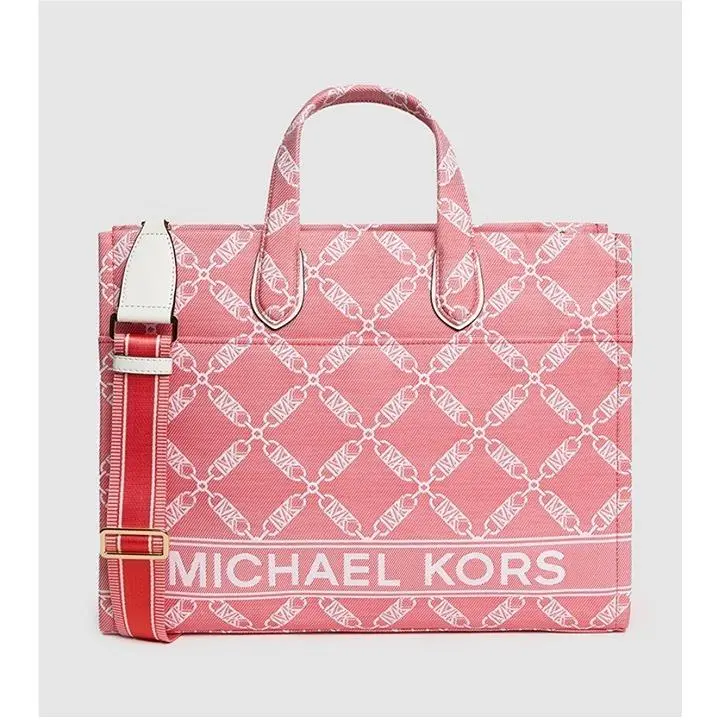 Michael Kors Tote Large Gigi Logo Jacquard Purse Spice Coral