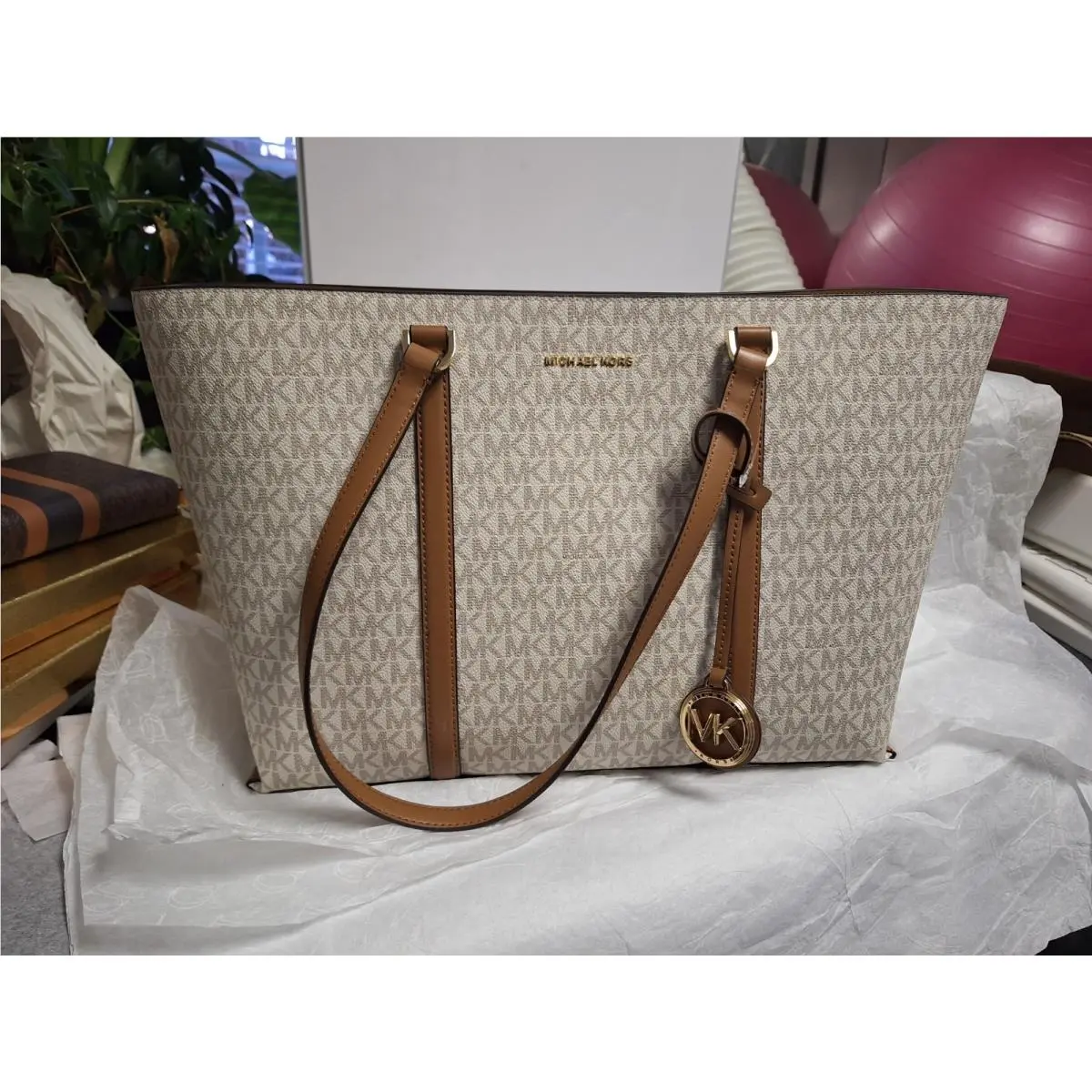 Michael Kors Temple Monogram Logo Tote Bag Vanilla Acorn Leather Logo
