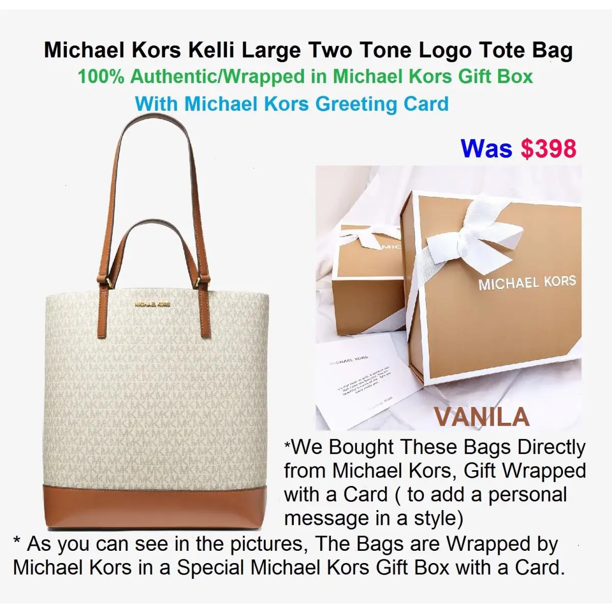 Kors Kelli Large Two-tone Logo Tote Bag IN MK Gift Box Card