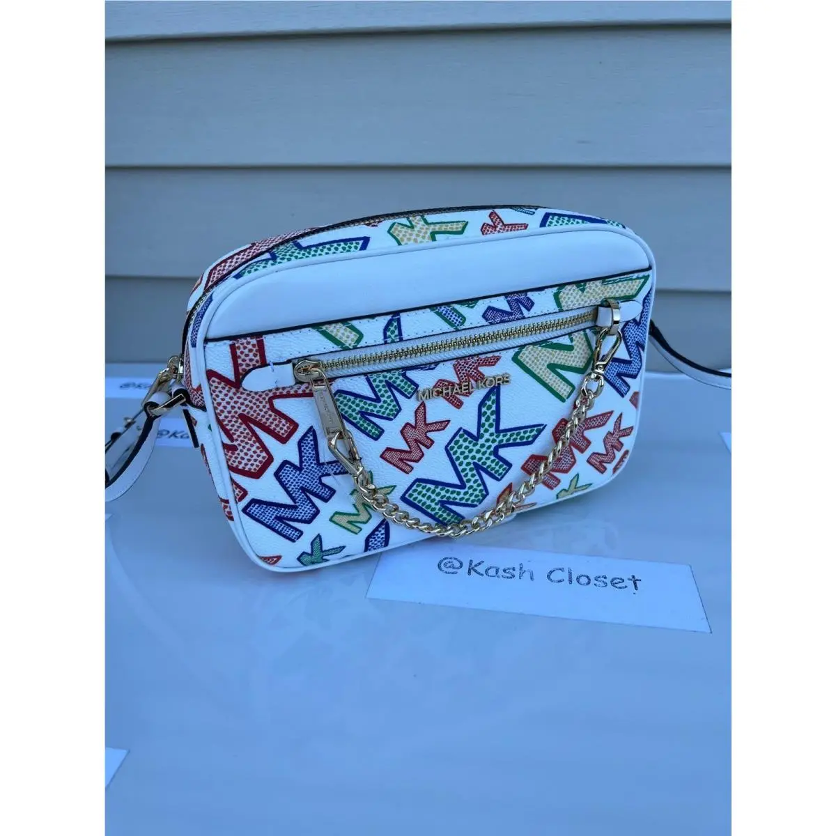 Michael Kors Crossbody Purse Jet Set Large MK Signature Chain Purse Bright White