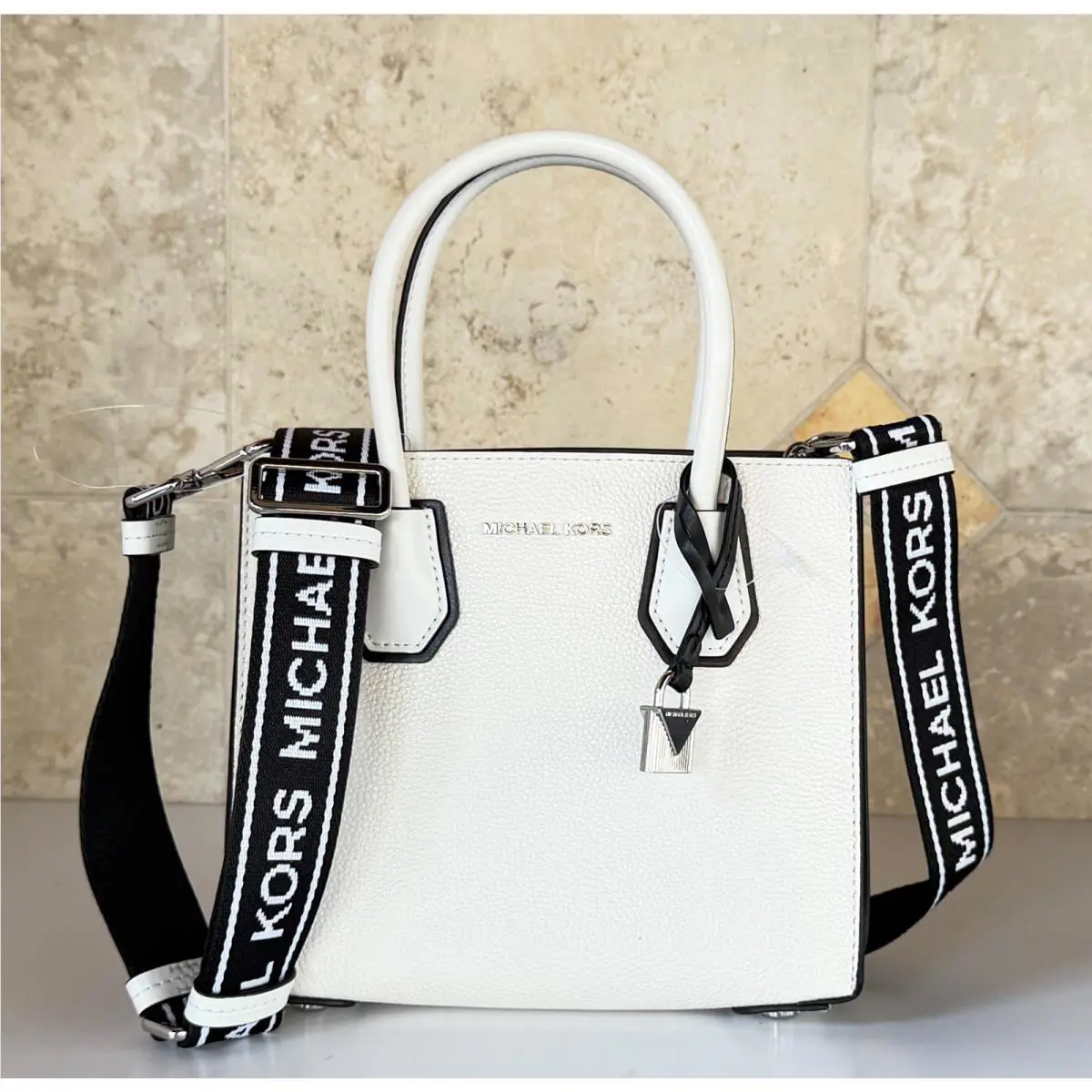 Michael Kors Mercer MD Satchel Shoulder Crossbody Bag Optic White/black