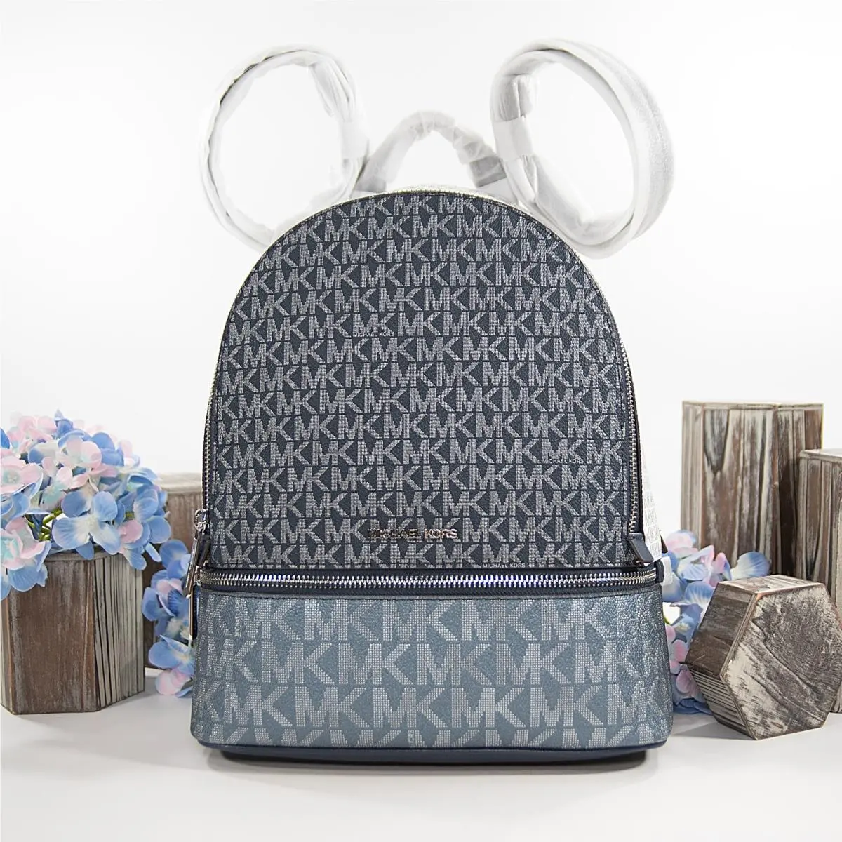 Michael Kors Navy Blue Marine Metallic Rhea Medium Backpack Bag
