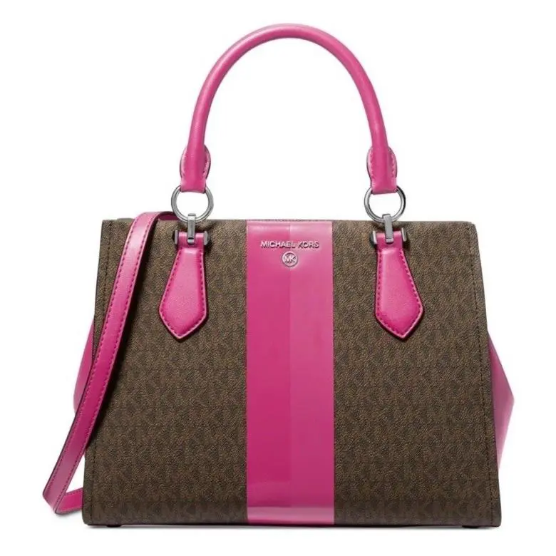 Michael Kors Marilyn MK Logo Brown Fuchsia Medium Satchel Shoulder Bag Pink