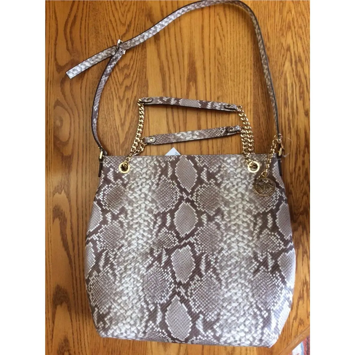 Michael Kors Jet Set Chain Shoulder Tote Dark Sand Embossed Leather MK Charm