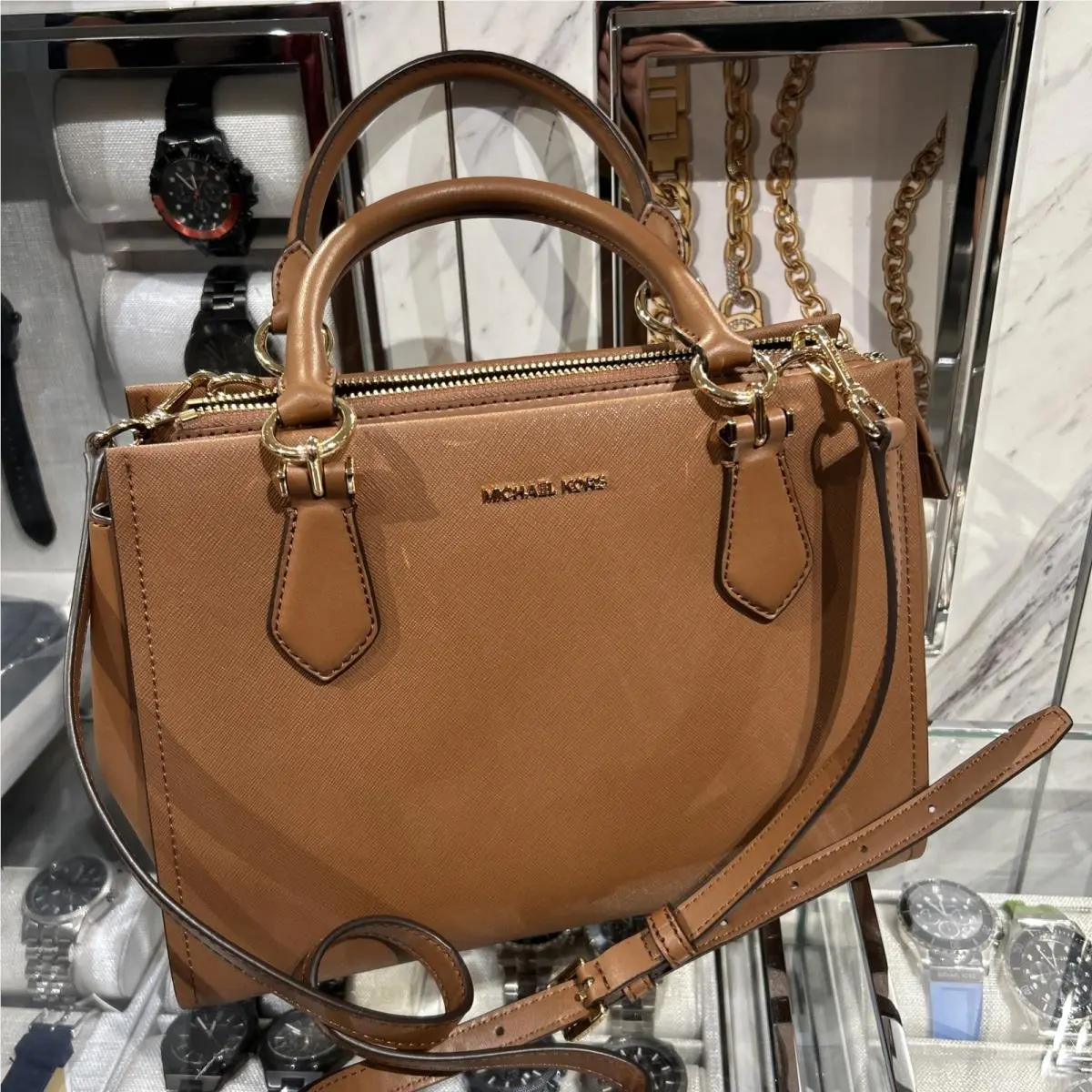 Michael Kors Marilyn Medium Satchel Shoulder Bag MK Luggage Brown Leather Gold