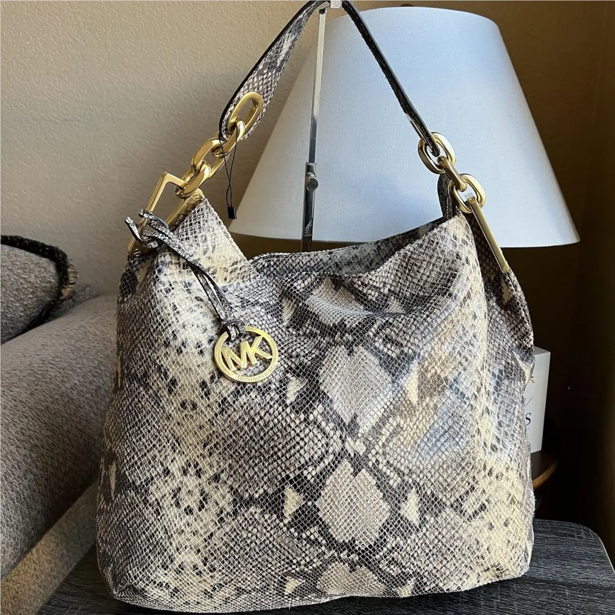 Michael Kors Ines Snake Print Leather Metal Chain Hobo