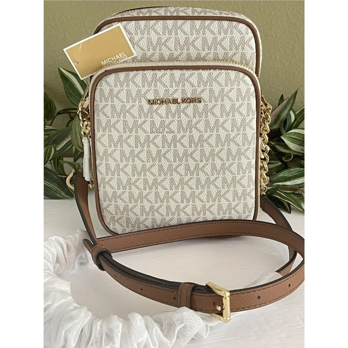 Michael Kors Flight Bag Medium NS Chain Crossbody Shoulder MK Vanilla Signature