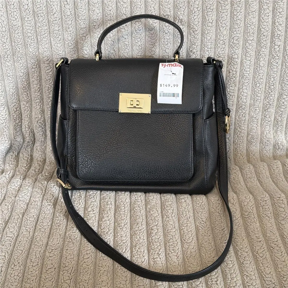 Michael Kors Manhattan Medium Black Leather Satchel Crossbody Bag Purse Gold