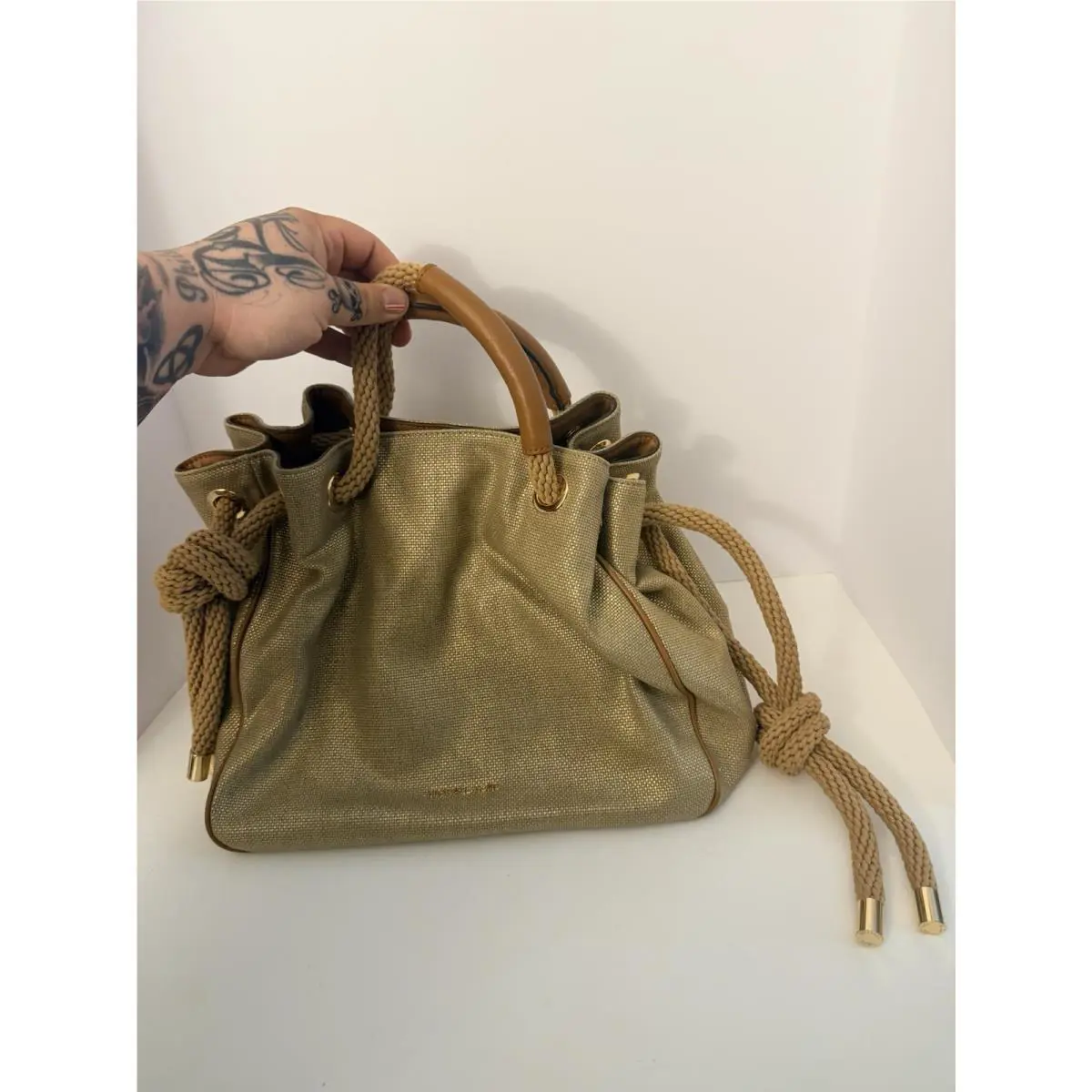 Michael Kors Large Fabric Shoulder Satchel Bag Purse Gold Fabric Canvas Leather