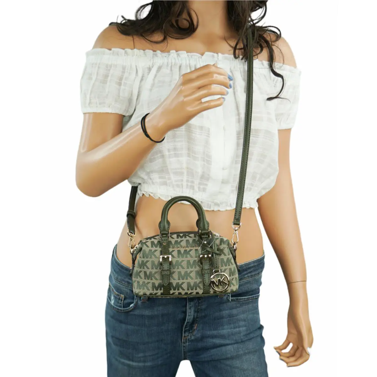 Michael Kors Ginger XS Mini Duffle Shoulder Crossbody Bag MK Beige Green