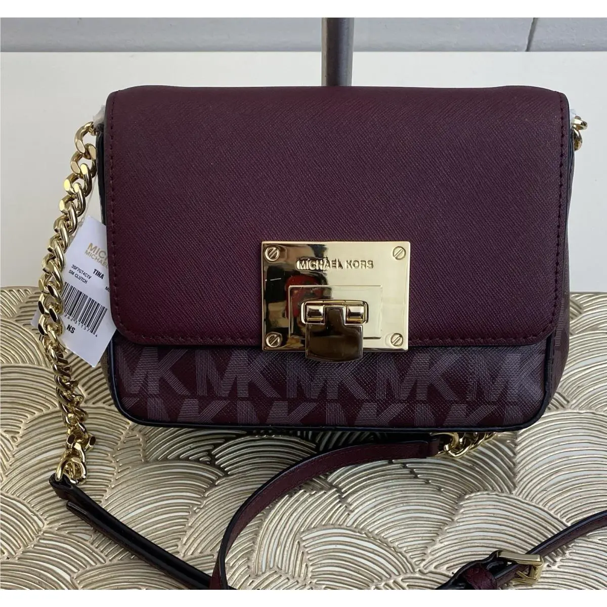 Michael Kors Tina Mini Burgundy and Gold Crossbody Leather Handbag MK Logo
