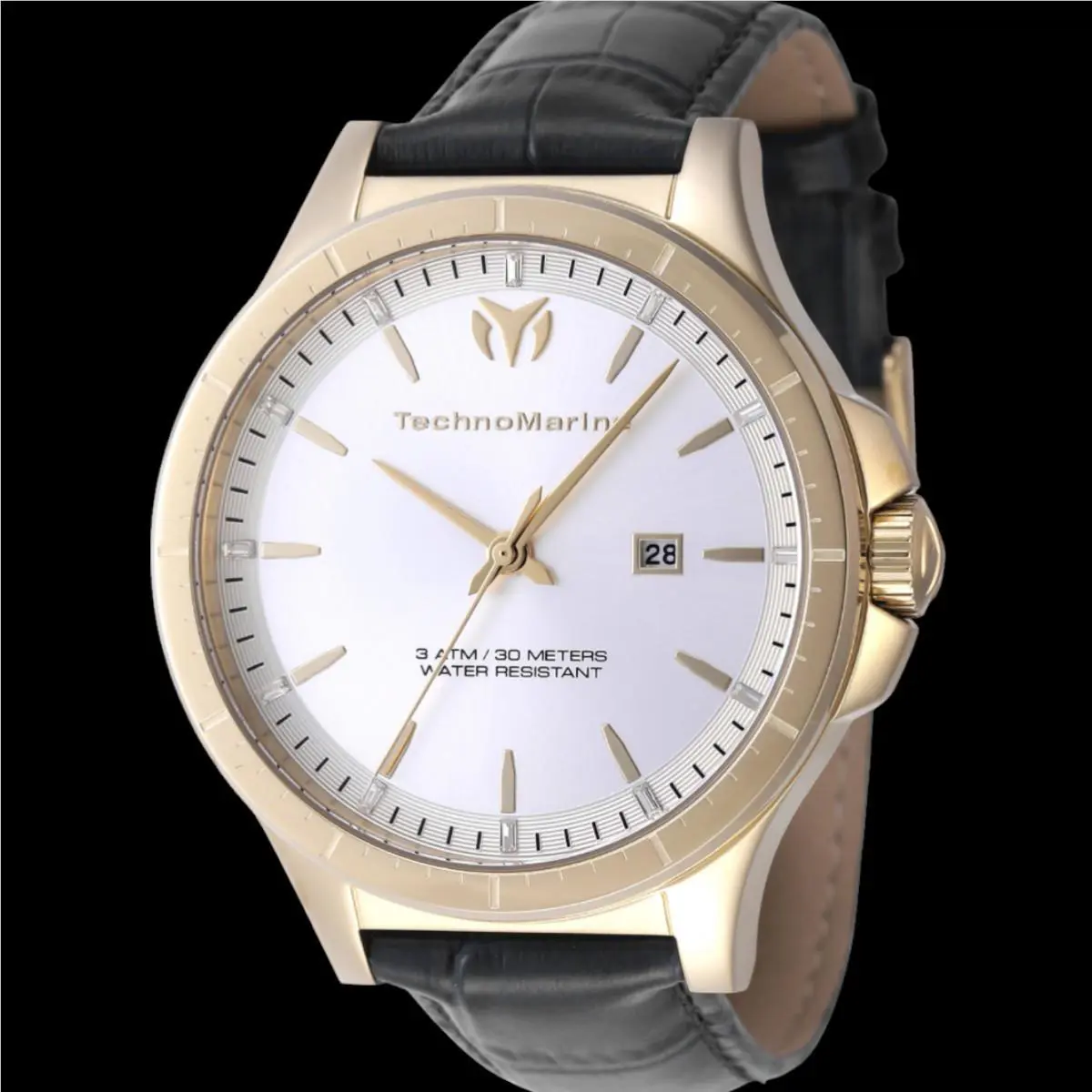 Technomarine Moonsun Men`s Watch 45MM Gold Tone Case Black Leather Strap 30M WR