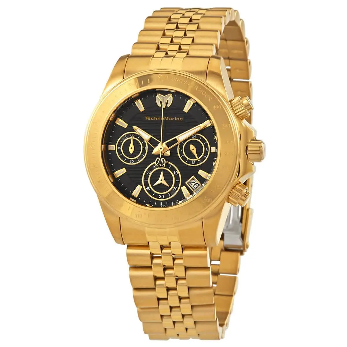 Technomarine Manta Ray Chronograph Quartz Black Dial Ladies Watch TM-219030 - Dial: Black, Band: Yellow Gold-tone, Bezel: Yellow Gold-tone