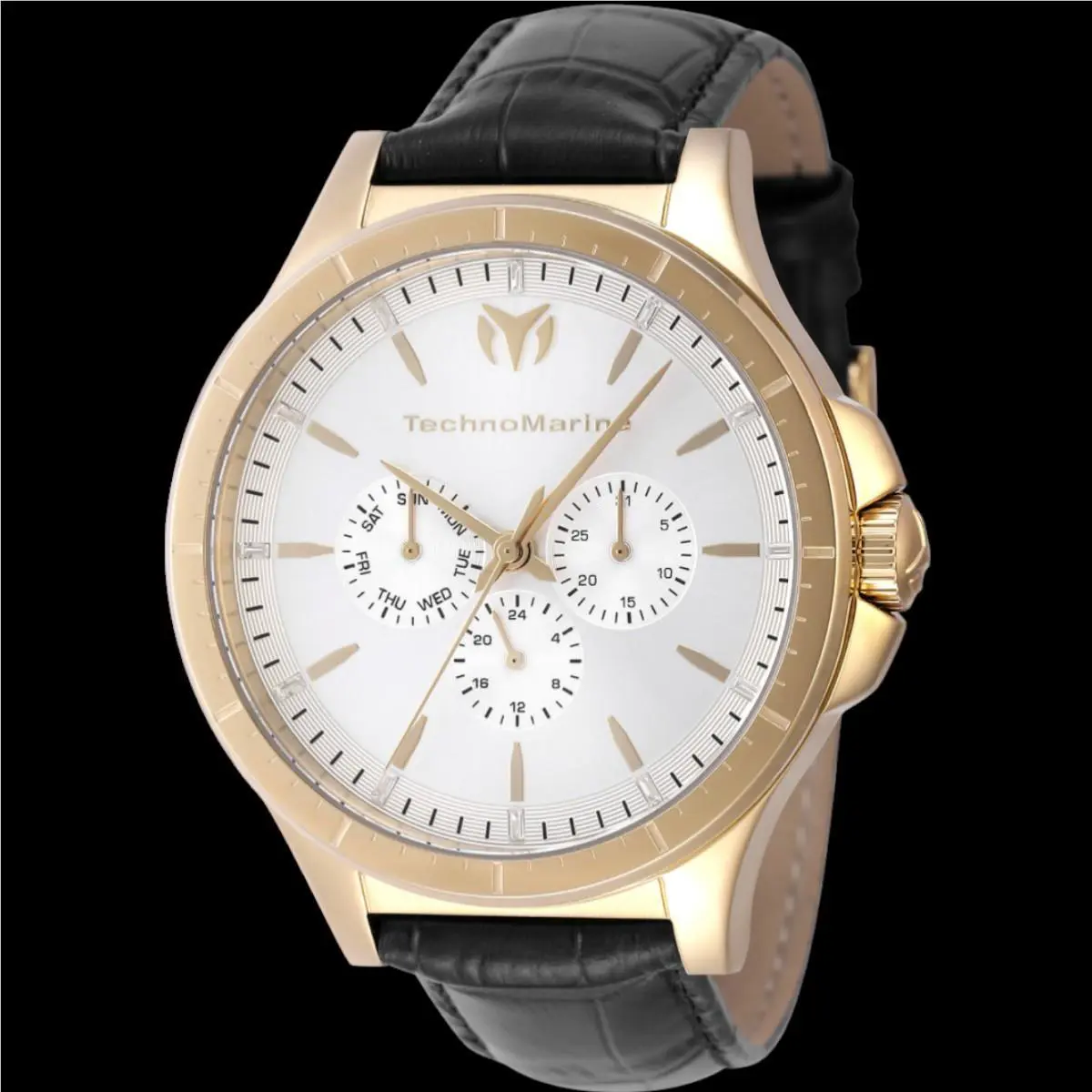 Technomarine Moonsun Men`s Gold/black Tone Watch 45MM Case Day-date 30M WR - Dial: Silver, Band: Black, Bezel: Gold