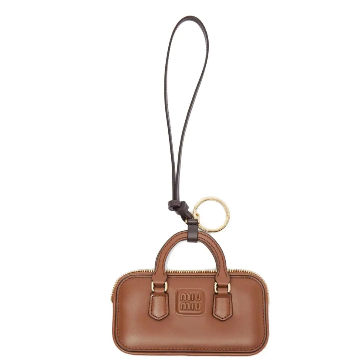 Miu Miu Arcadie Mini Leather Bag Charm Brown Gold Tone Zip Keycha