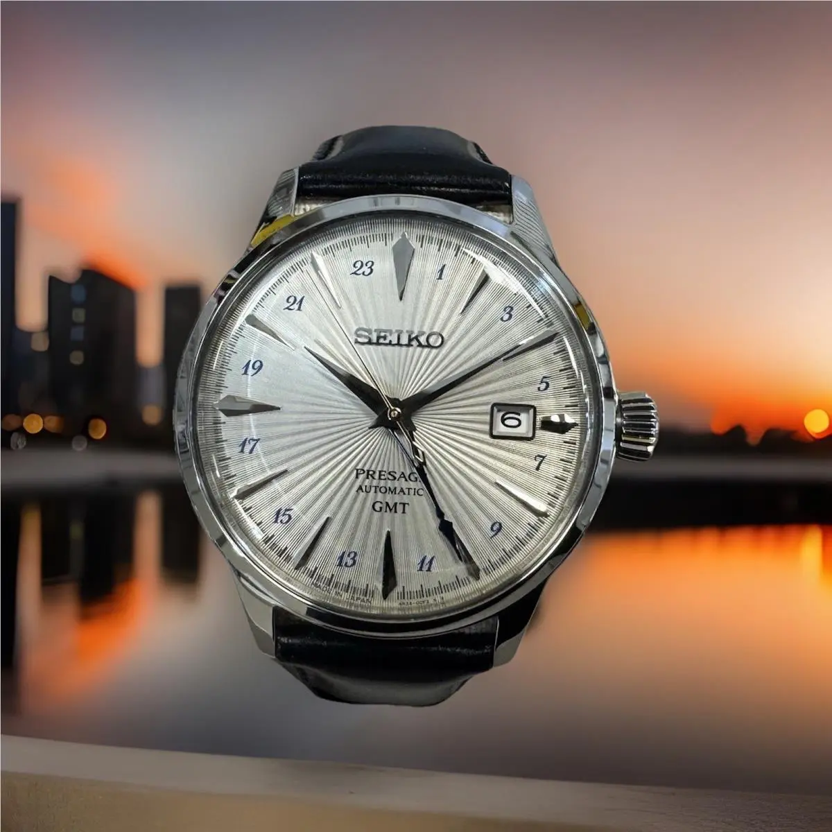 Seiko Presage Gmt White Dial Cocktail Time Black Leather Band Men’s Watch SSK049
