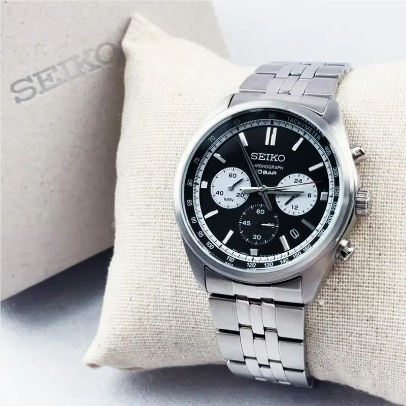 Seiko SSB429 Men`s Watch Chronograph Quartz Black Dial Silver Bracelet