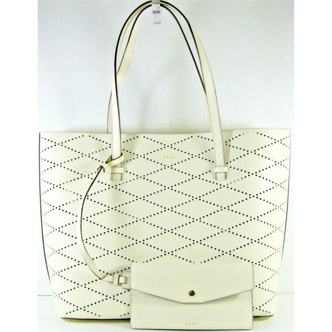 Dkny XL Tote Wristlet Set Marley Ivory Diamond Perforated Leather