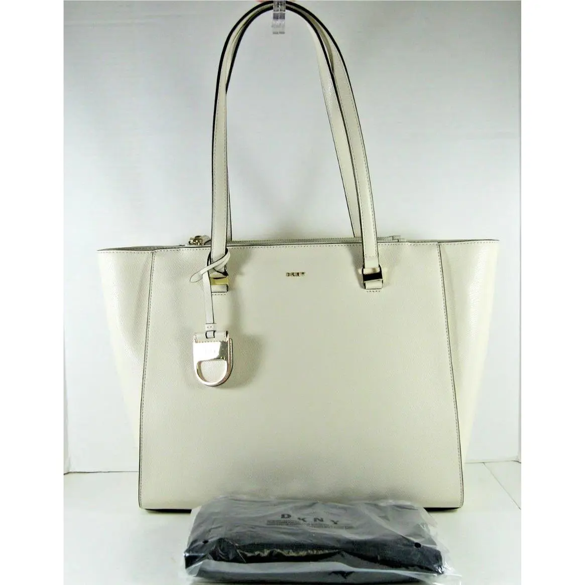 Dkny XL Tote Ivory Shoulder Bag 3-Compartment Pebbled Leather Double Zip Charm