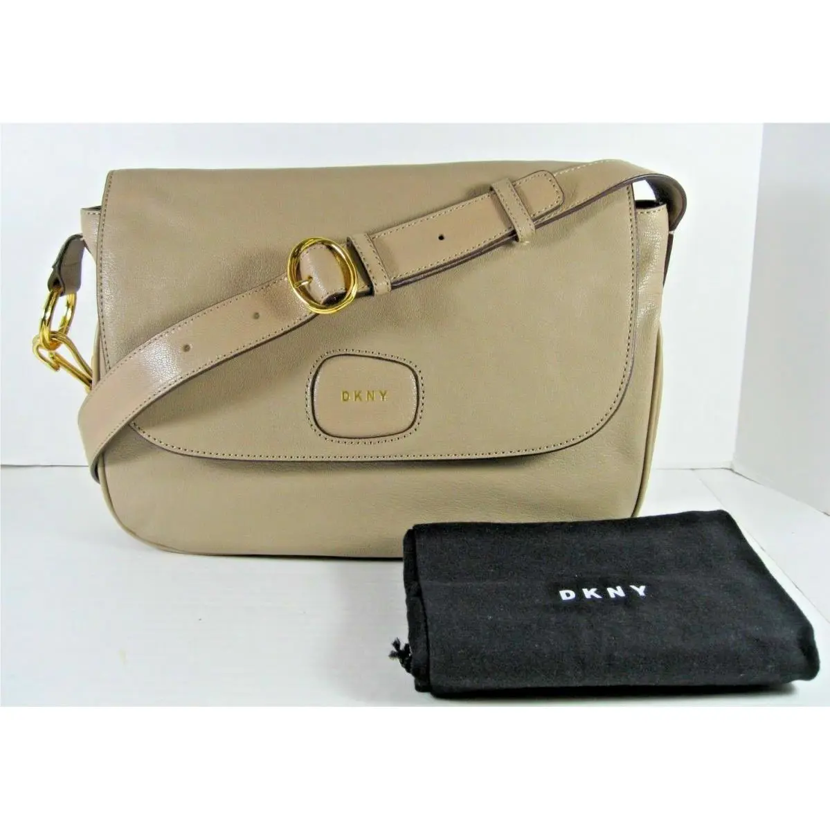 Dkny Crossbody Brown Leather Messenger Zip Expander Logo Engraved Gold Clip